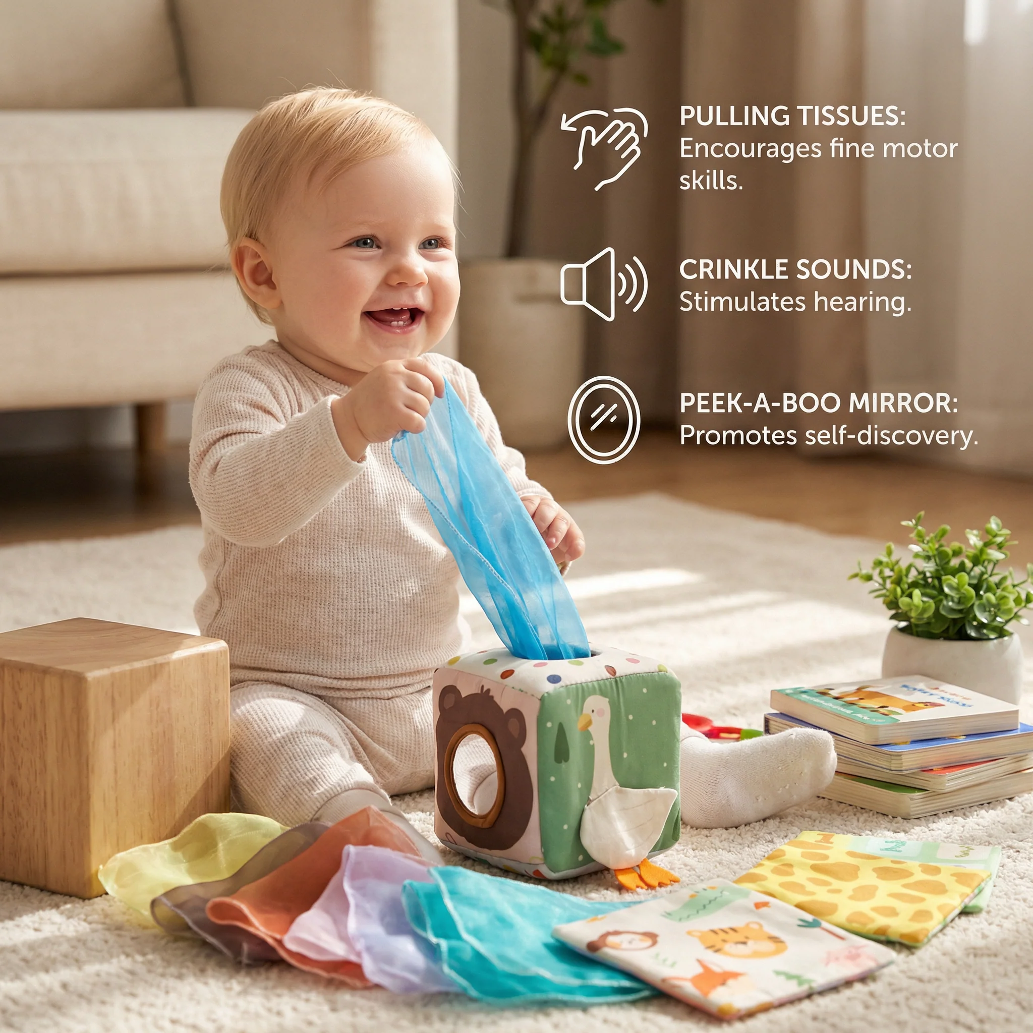 Montessori Baby Sensory Tissue Box – Soft Crinkle & Touch Activity Toy - Image 3