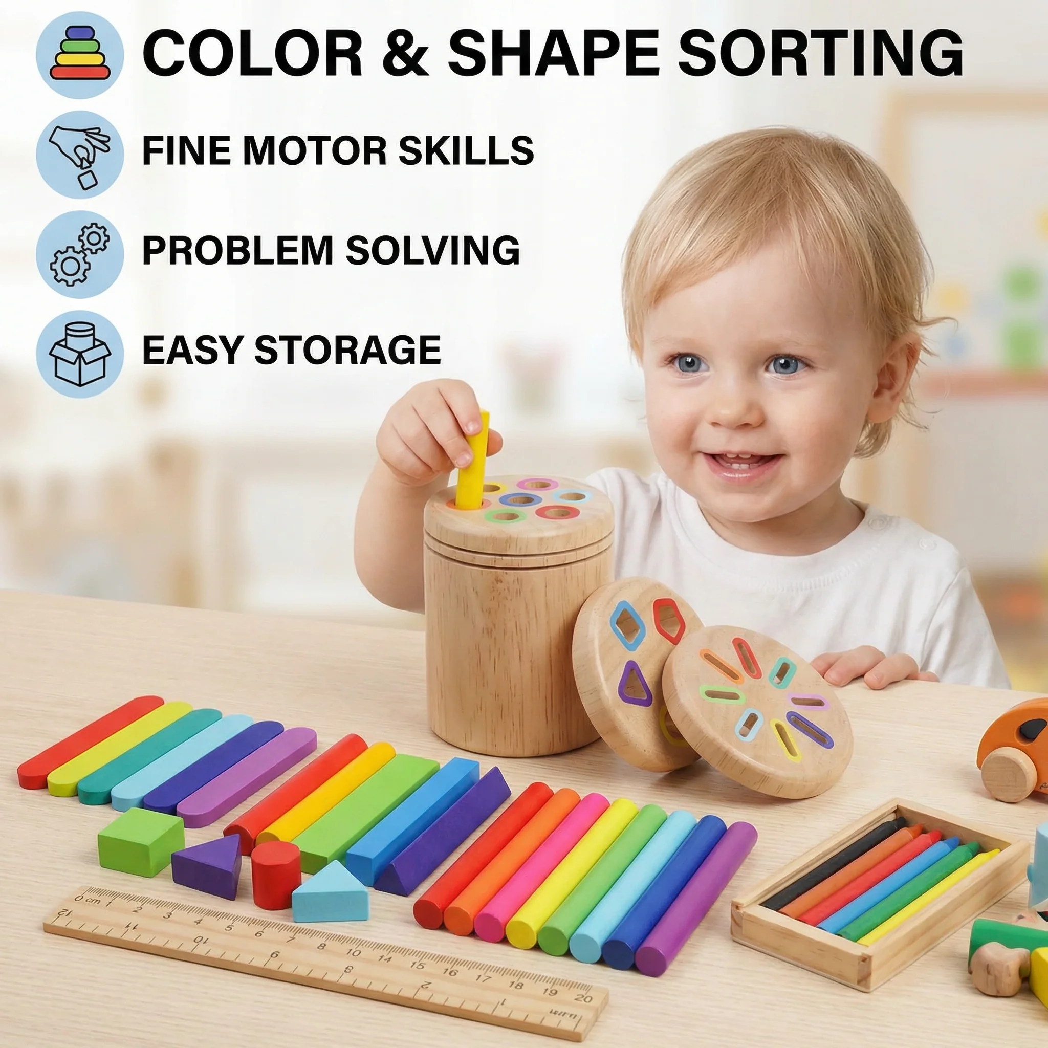 Montessori Wooden Colour & Shape Sorting Toy – Fine Motor Skills Learning Puzzle - Image 3