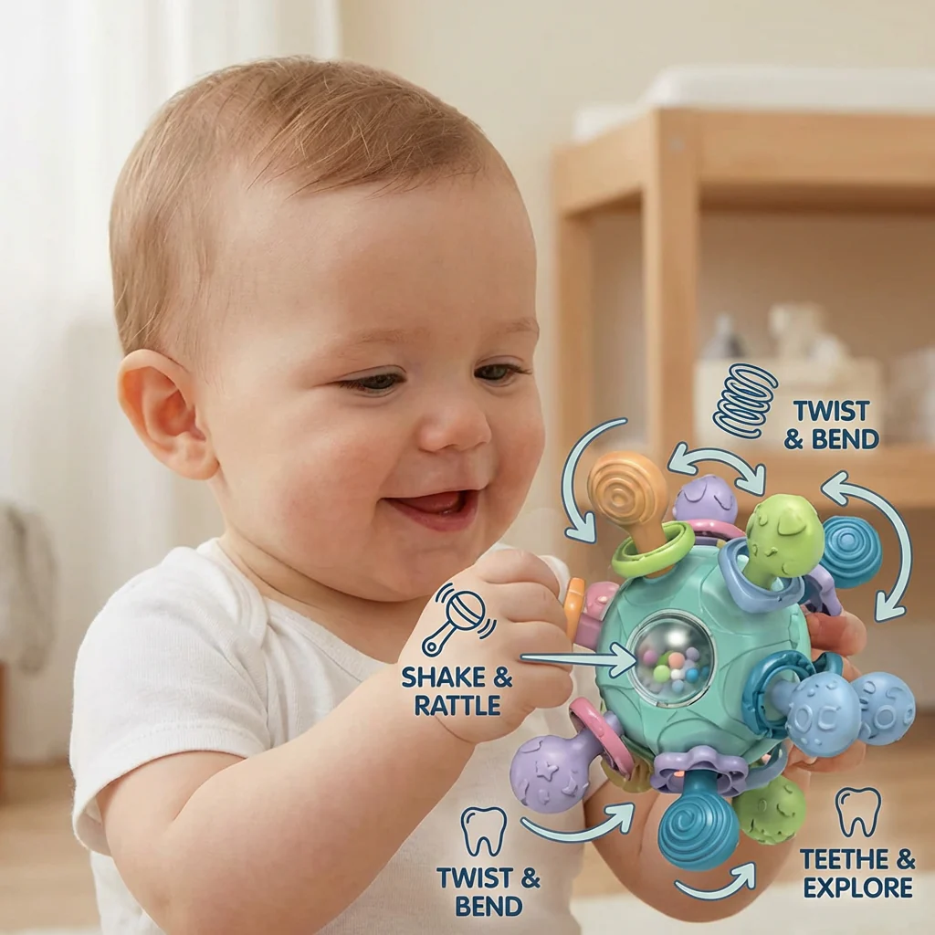 Sensory Baby Activity Ball with Silicone Teether and Rattle - Image 3